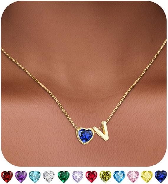 Valentines Day Gifts for Her- Heart Birthstone Initial Necklace for Women Girls,14K Gold Plated Heart Letter A-Z Necklace Birthday Trendy Jewelry Gifts for Women Girls Daughter