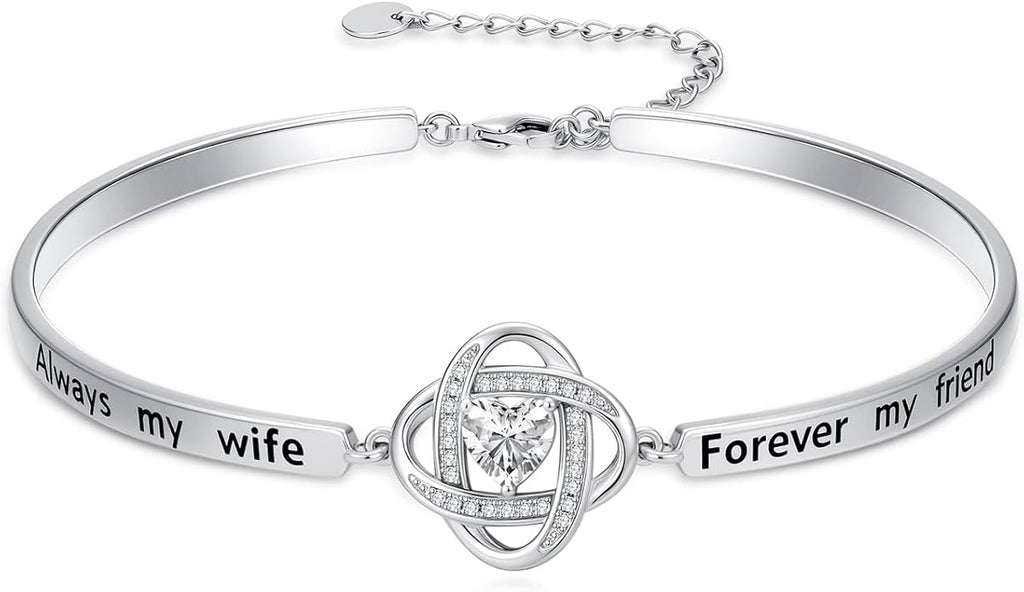 Valentines Day Gifts for Her, 18k White Gold Plated Love Knot Bracelets, Engraved Inspirational and Sentiment Bangle, Anniversary Birthday Jewelry Gift for Lover Wife Girlfriend Sister Friends