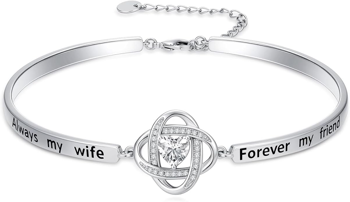 Valentines Day Gifts for Her, 18k White Gold Plated Love Knot Bracelets, Engraved Inspirational and Sentiment Bangle, Anniversary Birthday Jewelry Gift for Lover Wife Girlfriend Sister Friends