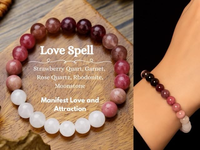 Valentines Day Gift Love Energy Crystal Bracelet for Women – Garnet, Quartz, Rose Quartz, Rhodonite & Moonstone | Gifts for Easter Basket, Birthday, Mothers Day Healing Gemstone Bracelet Gift for Her