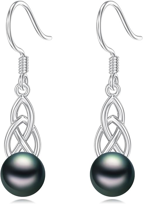 Tahitian Black Pearl Earrings Gifts for Women Wife Celtic Dangle Drop Earrings Wedding Birthday Anniversary Jewelry Valentines Christmas Day Gifts 925 Sterling Silver