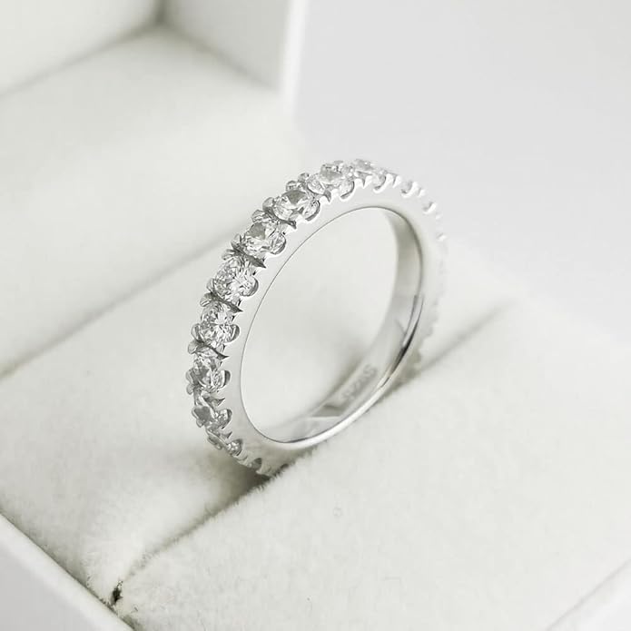 Bo.Dream 1.5mm/2.2mm/3mm Round Cubic Zirconia CZ Full/Half Eternity Rings Wedding Band Sterling Silver