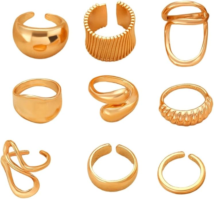 Chunky Gold Rings for Women Rhinestone Stackable Knuckle Ring Set Open Adjustable Statement Ring Set Dainty Crown Cross Midi Rings Fashion Jewelry Gift for Women