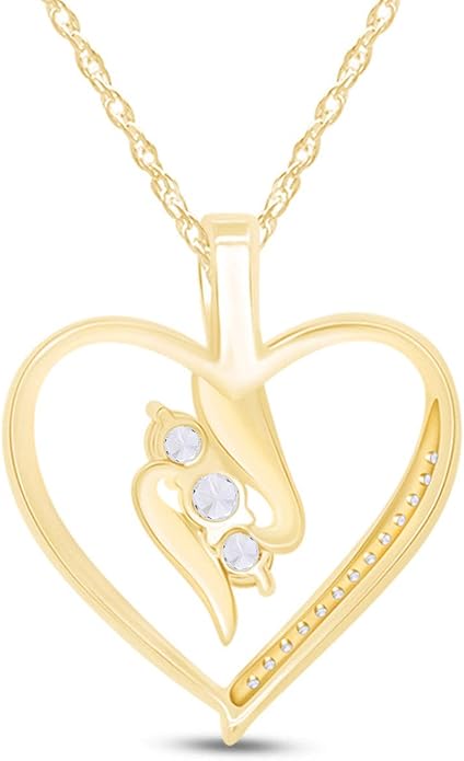 3 Stone Heart Pendant Necklace for Women in 14K Gold Over 925 Sterling Silver, Natural Diamond, Moissanite or Lab-Grown Diamond (0.25 Ct), Dainty Jewelry Gift with 18" Chain for Her Valentine’s Day