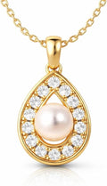Pearl Pendant Necklace for Women, Freshwater Cultured Single Pearl Necklace with Moissanite Accents, Dainty Gold Necklace for Women, 18K Gold Plated Sterling Silver, Pearl Jewelry Gift for Her Anniversary Birthday