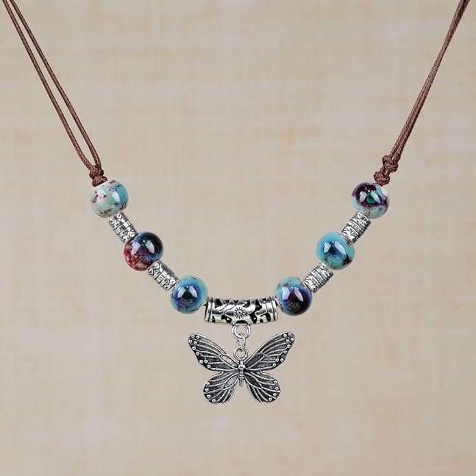 Boho Style Colorful Ceramic Bead Strand Necklace Adjustable Bohemian Jewelry Gift for Women, Fashion Clothing Matching Necklace
