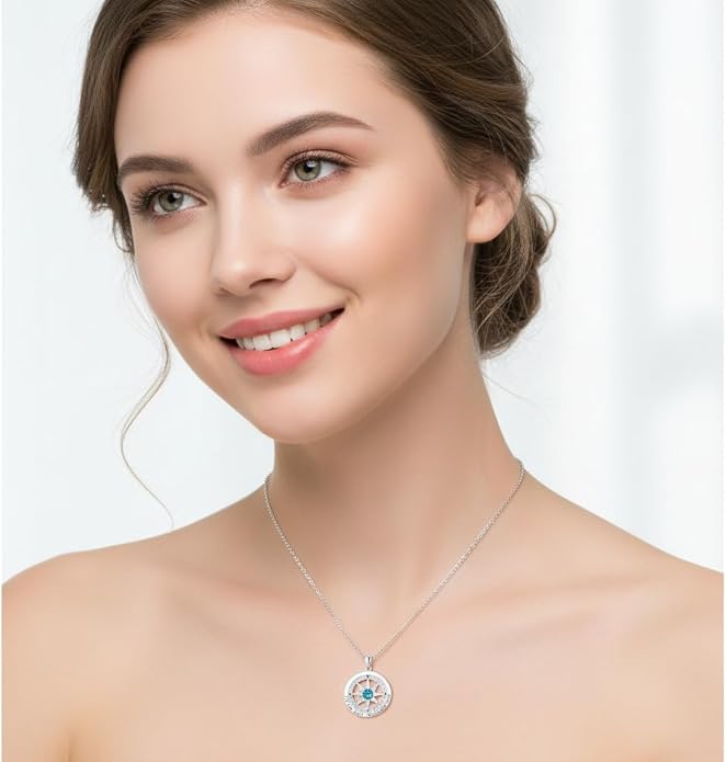 Compass Necklace for Women Wife Girlfriend Mom Daughter Gifts S925 Sterling Silver Jewelry For Anniversary Rose Gold Gifts For Birthday Christmas Mothers Valentines Day 12 Birthstones