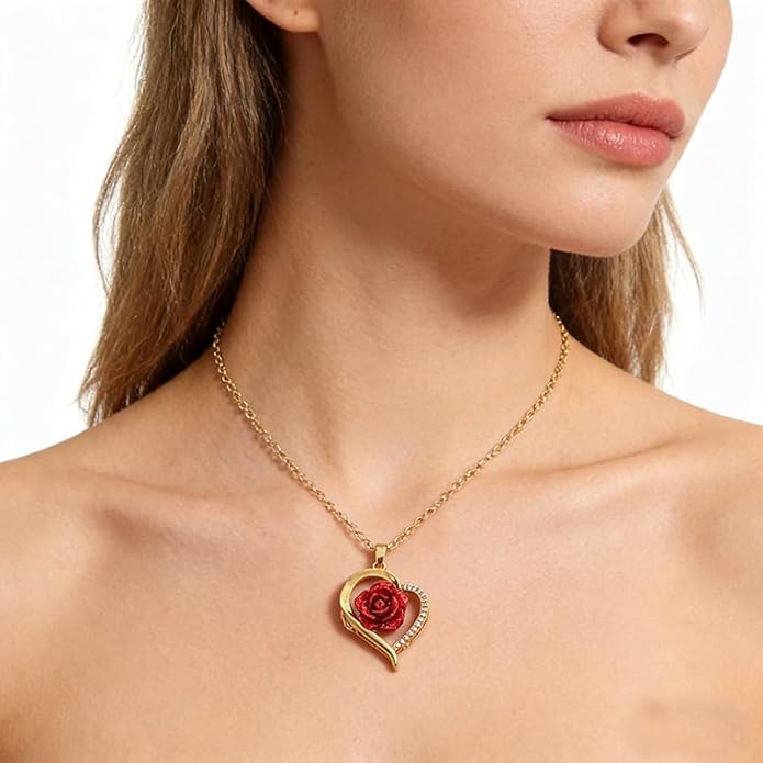 ONLYJUMP Rose Alloy Necklace for Women Heart Pendant Copper Zircon Light Luxury Fashion Jewelry Dainty Romantic Statement Necklace for Daily Wear Ideal Valentine's Day Anniversary Birthday Gift
