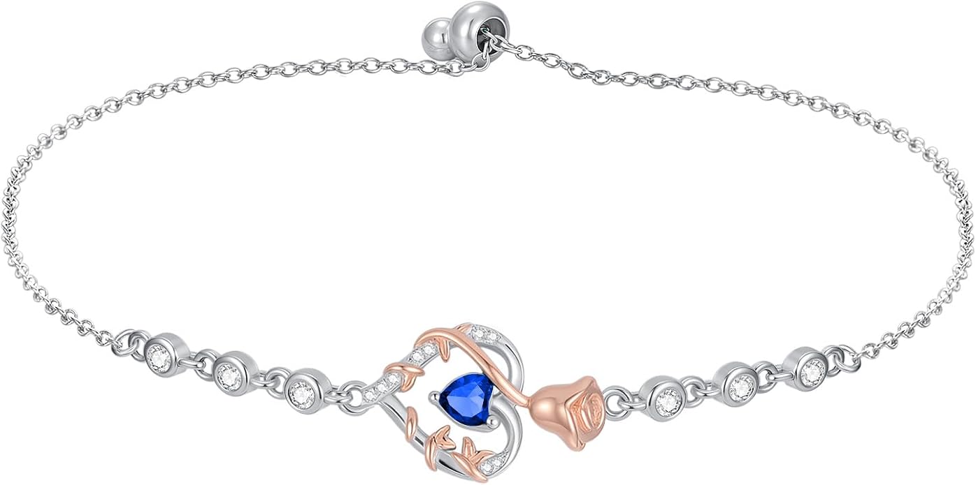 Birthstone Charm Link Bracelet 925 Sterling Silver Rose/Heart/Mom Bracelet with 12 Months Birthstone Mother's Day Gift Jewelry Gifts for Women,Chain Length 7"+2" Extend