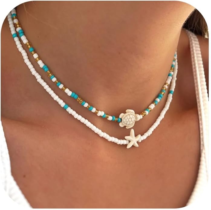 Women's Shell Starfish Boho Layered Beaded Necklace Choker for Summer Beach Vacation Gifts for Birthday/Anniversary/Christmas