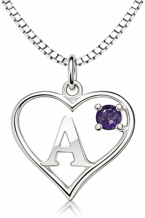 Silver Sterling Necklace Initial Letter A-Z Birthstone for Women – Personalized Custom Jewelry Pendant with Heart Design Customized Dainty Charm for Wife Girlfriend Mom – 18" Box Chain