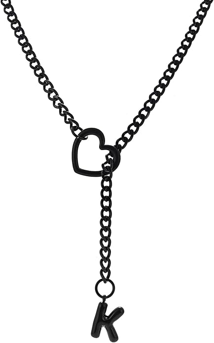 Black Heart Slip Chain Initial Necklaces for Women,Stainless Steel O-Ring Adjustable Lariat Heart Y-Necklace,Punk Gothic Cuban Collar Choker Necklace for women