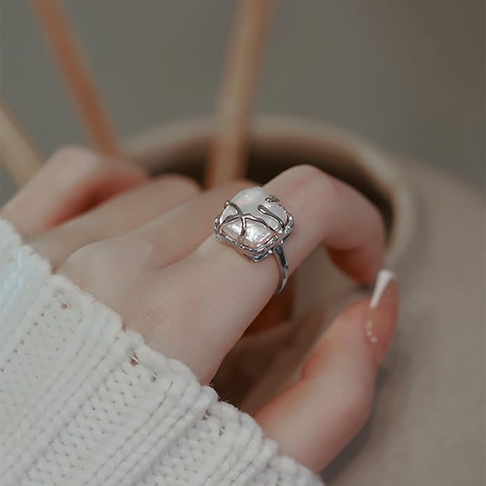 HETICA Irregular Pearl Silver Ring for Women Baroque Pearl Ring Fashion Statement Ring Jewelry Gift