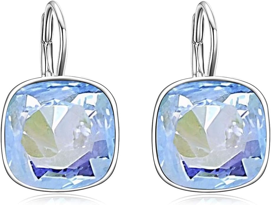 AOBOCO Sterling Silver Leverback Earrings Embellished with Crystals from Austria, Hypoallergenic Cushion Cut Square Crystal Earrings, Fine Anniversary Birthday Jewelry Gifts for Women