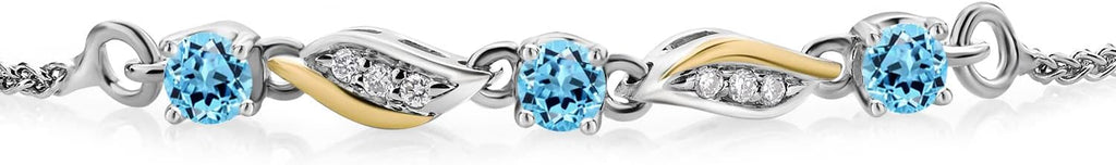 Gem Stone King 3-Stone Adjustable Bracelet for Women | 925 Silver and 10K Yellow Gold | Gemstone Birthstone and Lab Grown Diamond | Round 3MM | Two-Tone Adjustable Tennis Bracelet Up to 9 Inch