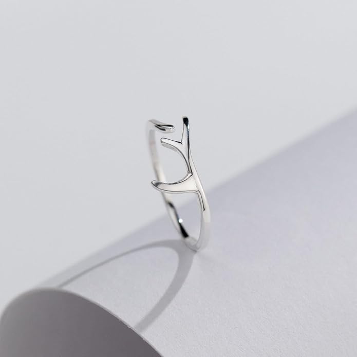 Amkaka Adjustable Rings for Women S925 Sterling Silver Christmas Antlers Open Ring Minimalist Hypoallergenic Ring Gift