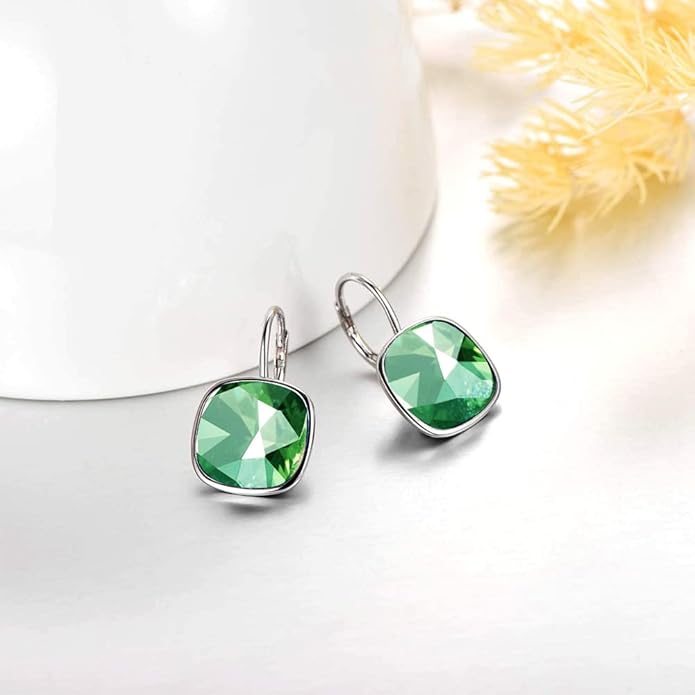 AOBOCO Sterling Silver Leverback Earrings Embellished with Crystals from Austria, Hypoallergenic Cushion Cut Square Crystal Earrings, Fine Anniversary Birthday Jewelry Gifts for Women