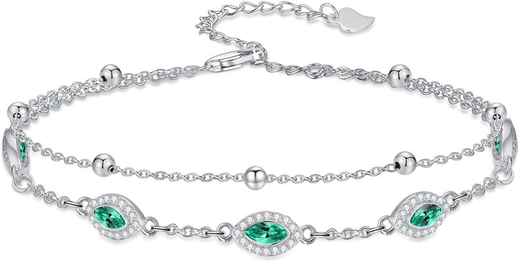 Evil Eye Birthstone Charm Link Bracelet 925 Sterling Silver Evil Eye Bracelet with 12 Months Birthstone Birthday Jewelry Gifts for Women Mom Her,Chain Length 7"+2" Extend