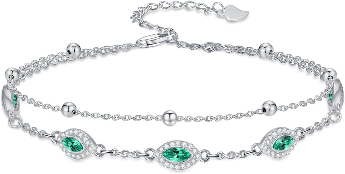 Evil Eye Birthstone Charm Link Bracelet 925 Sterling Silver Evil Eye Bracelet with 12 Months Birthstone Birthday Jewelry Gifts for Women Mom Her,Chain Length 7"+2" Extend