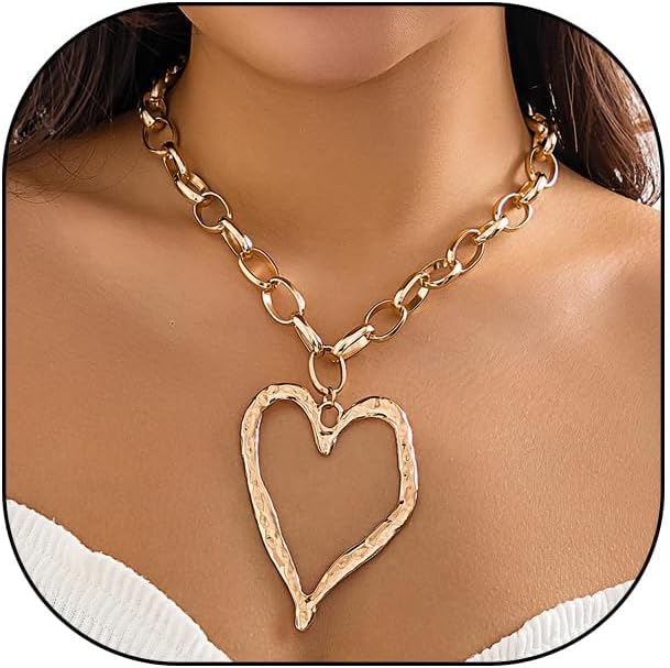 Chunky Gold Heart Necklace for Women,Y2K Big Heart Statement Necklace Long Puffy Hearts Chain Charm Necklaces Trendy Jewerly