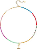 Beaded Initial Necklace for Women, Boho Natural Stone Semi-Precious Stone 18K Gold Plated Letter Pendant Rainbow Colorful Trendy Alphabet Dainty Choker Jewelry for Women Summer Beach Party