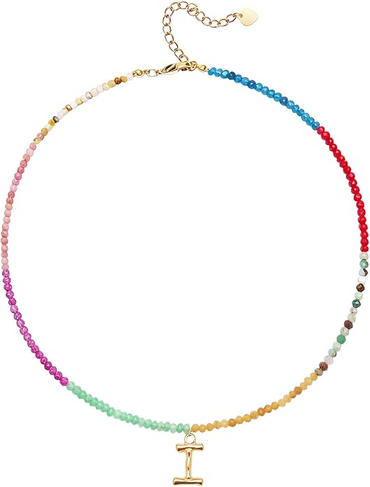 Beaded Initial Necklace for Women, Boho Natural Stone Semi-Precious Stone 18K Gold Plated Letter Pendant Rainbow Colorful Trendy Alphabet Dainty Choker Jewelry for Women Summer Beach Party