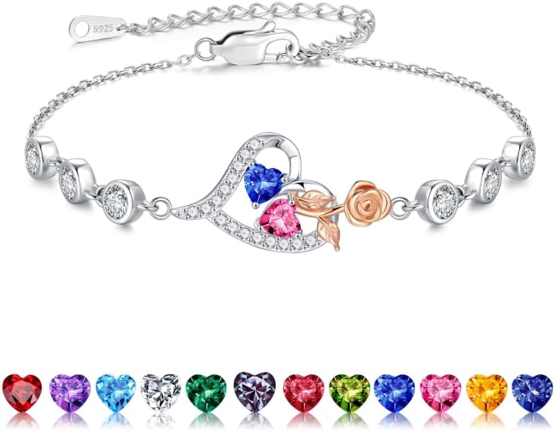 Iefil Valentines Day Gifts for Her - 925 Sterling Silver Rose Heart Birthstone Bracelets, Anniversary Birthday Gifts for Women Wife Mom Daughter, 6"+2"