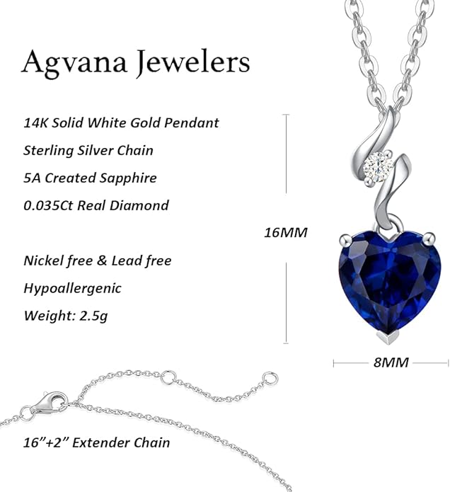 AGVANA Valentines Day Gifts 14K Solid White Gold Diamond Gemstone Pendant with Sterling Silver Chain 8mm Heart Birthstone Necklace Fine Jewelry Anniversary Birthday Gifts for Women Mom Wife