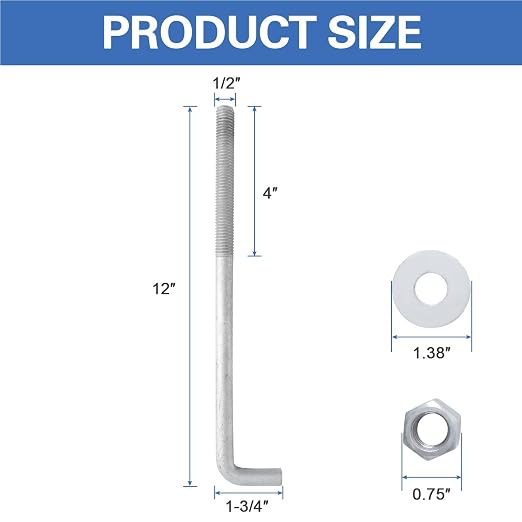 1/2” x 12” Concrete Anchor Bolts L Shaped, Hot-Dip Galvanized - Image 3