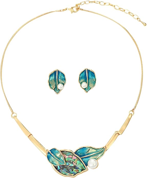 Chunky Statement Jewelry Set Blue Ocean Seashell Choker Necklaces Earrings Set for Women Pearl Bib Collar Necklaces for Party Prom Pageant Summer Fashion Jewelry Unique Birthday Gift
