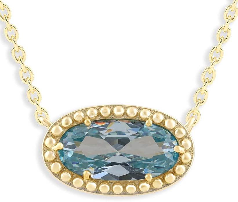 Belacqua Gemstone Necklace in 14K Gold Plated Sterling Silver, Oval Pendant Size 6 * 12mm, 15" Cable Chain with 2" Extender, Spring Ring Clasp, Dainty Birthstone Necklace for Women, Gift Box Included