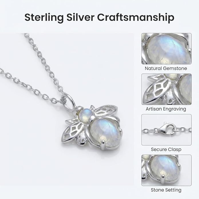 925 Sterling Silver Animal Pendant Necklace Collection for Women | Handmade Natural Gemstone Jewelry | Cat, Bee, Turtle & Bug Designs | Hypoallergenic Silver Necklace Gift for Her