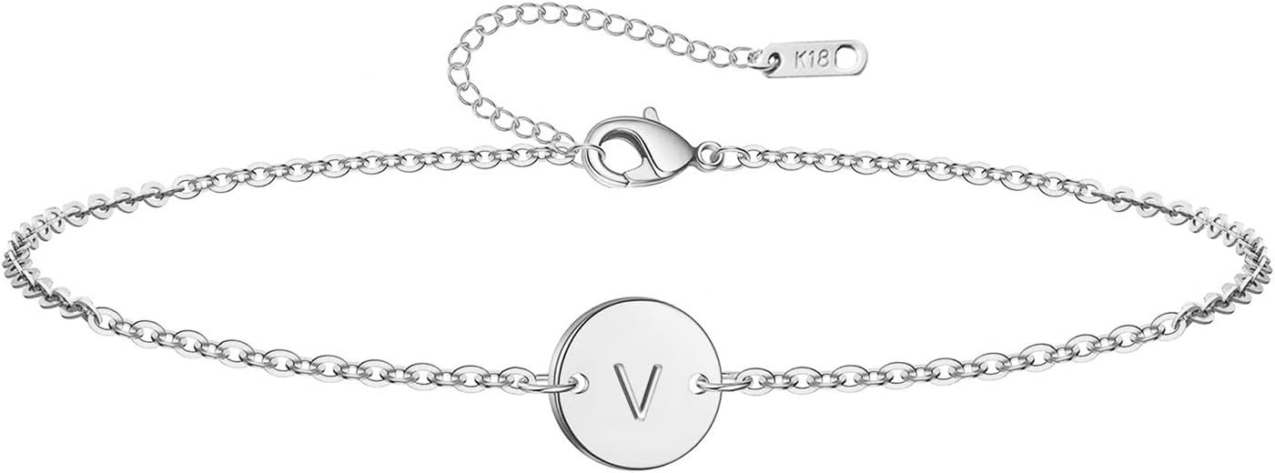 Personalized Initial Bracelet for Women Stainless Steel Letters Bracelet Delicate Coin Dainty Disc Alphabet Charm Bracelet Monogram Name Bracelet
