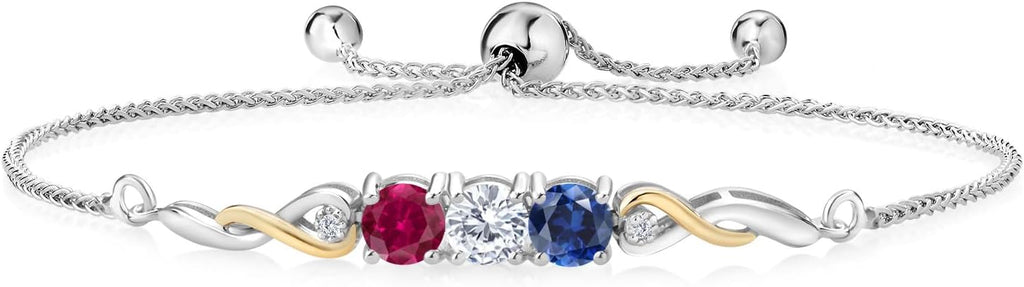Gem Stone King Customized and Personalized 3-Stone Adjustable Bolo Bracelet for Women | 925 Sterling Silver and 10K Yellow Gold | Gemstone Birthstones and Lab Grown Diamond | Easy-On Easy-Off