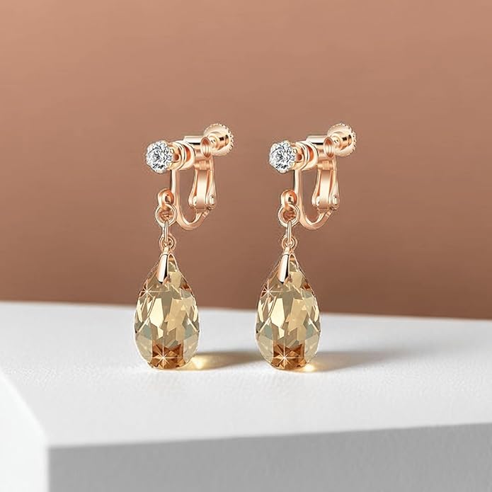 Teardrop Austrian Crystal Drop Clip On Dangle Earrings for Women Non Pierced 14K Rose Gold Plated Hypoallergenic Jewelry