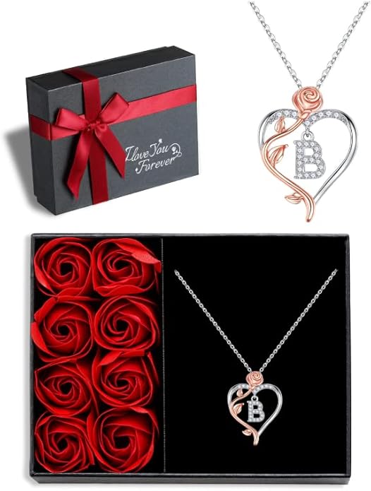 Iefil Valentines Day Gifts for Her - 925 Sterling Silver Rose Heart Initial Necklace, Anniversary Birthday Gifts for Women, Jewelry Gift for Her Wife Girlfriend