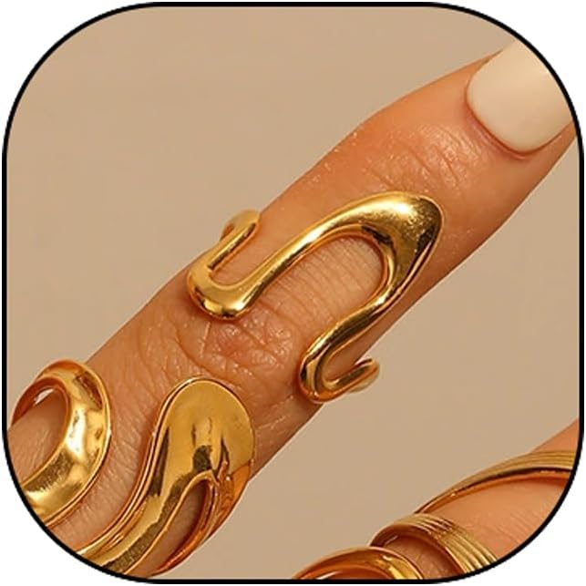 Chunky Rings For Women, Gold Silver Thumb Ring Asymmetrical Wavy Curve Ring Adjustable Non Tarnish Dainty Stainless Steel New Year Anniversary Birthday Jewelry Gift