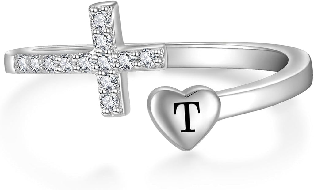 STARCHENIE Cross Initial Ring for Women 925 Sterling Silver Letters A-Z 26 Alphabet Adjustable Ring Size 7