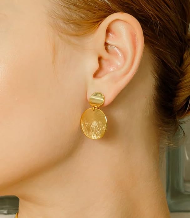 OZEL Gold Dangle Earrings for Women Brushed Finish, Matte Gold Statement Jewelry, 14k Gold Plated