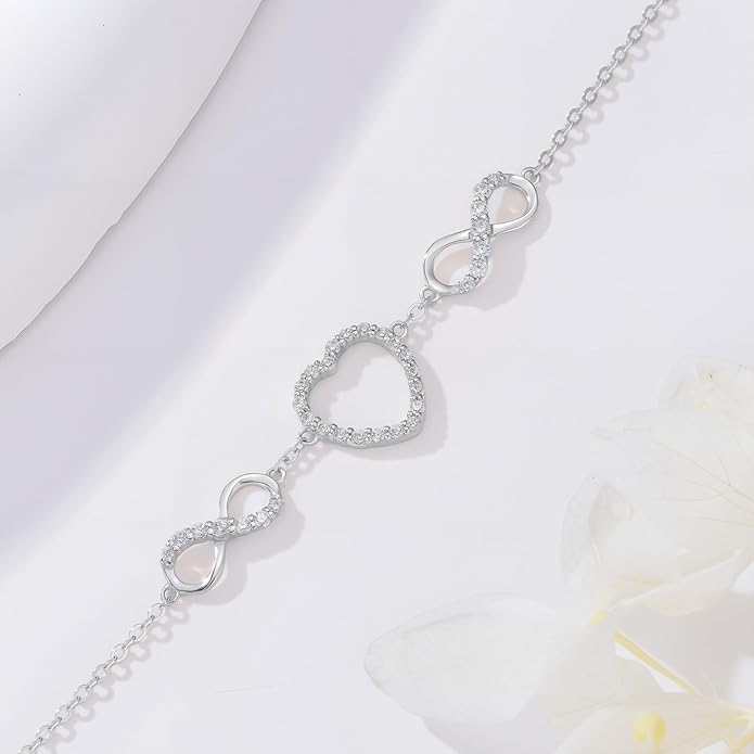 SISGEM 14k White Gold Created Moissanite Infinity Heart Anklet, Ankle Bracelets for Women, 9.4-11 Inch