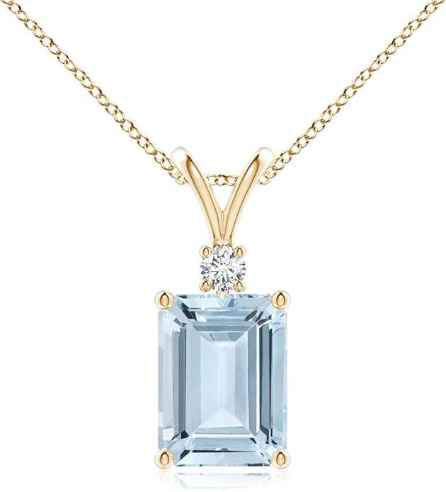 Angara Natural Aquamarine Solitaire Pendant for Women | Emerald-Cut Aquamarine Pendant with Diamond in 14K Solid Gold/Silver/Platinum With 18" Chain | March Birthday, Gemstone Jewelry Gift