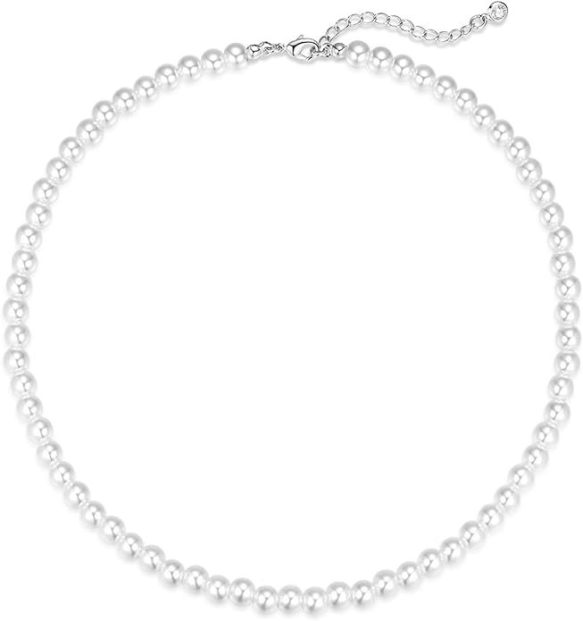 Zeffy Pearl Necklace 4MM/6MM/8MM Dainty Round Imitation Pearl Choker Necklace Wedding Pearl Necklace Delicate Jewelry for Women Simple Bridesmaid Jewelry Gifts