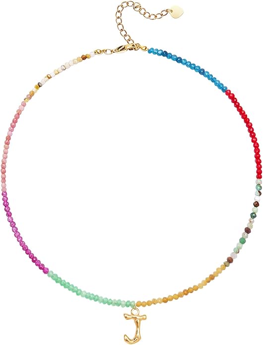Beaded Initial Necklace for Women, Boho Natural Stone Semi-Precious Stone 18K Gold Plated Letter Pendant Rainbow Colorful Trendy Alphabet Dainty Choker Jewelry for Women Summer Beach Party