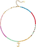 Beaded Initial Necklace for Women, Boho Natural Stone Semi-Precious Stone 18K Gold Plated Letter Pendant Rainbow Colorful Trendy Alphabet Dainty Choker Jewelry for Women Summer Beach Party