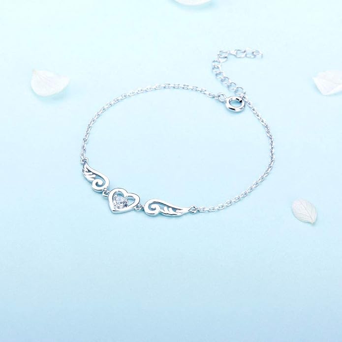 925 Sterling Silver Guardian Angel Wings Bracelets for Women, CZ Design Heart Adjustable Chain Bracelets for Jewelry