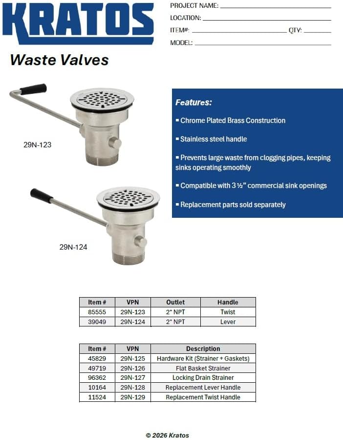 Kratos 29N-124 Waste Valve, Lever Handle, 3-1/2" Sink Opening - Image 6