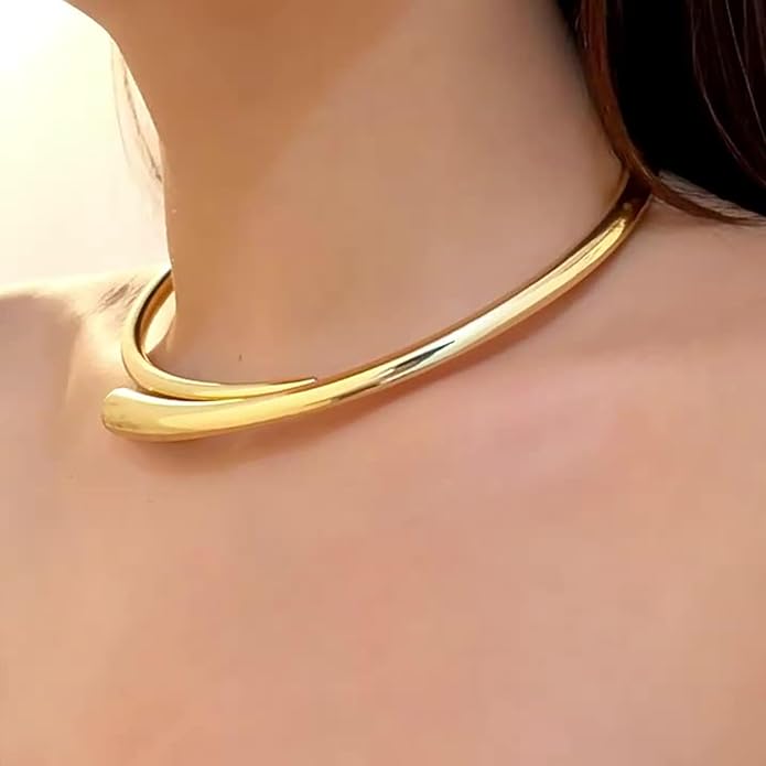 Gold Collar Necklace for Woman Bold Teardrop Necklace Chunky Necklaces for Women Statement Necklace for Women Open Cuff Design Fashion Jewelry Highly Polished Alloy