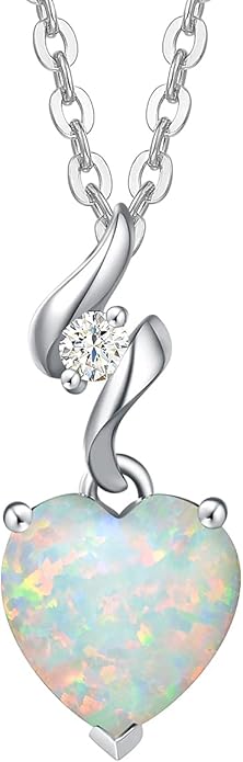 AGVANA Valentines Day Gifts 14K Solid White Gold Diamond Gemstone Pendant with Sterling Silver Chain 8mm Heart Birthstone Necklace Fine Jewelry Anniversary Birthday Gifts for Women Mom Wife