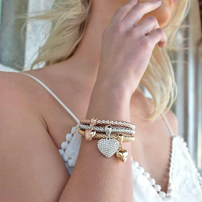 Crystal Charms Multilayer Bracelets - 3PCS Gold/Silver/Rose Gold Corn Chain Bracelet for Women, Tree of Life Heart Shaped Stretch Bracelet