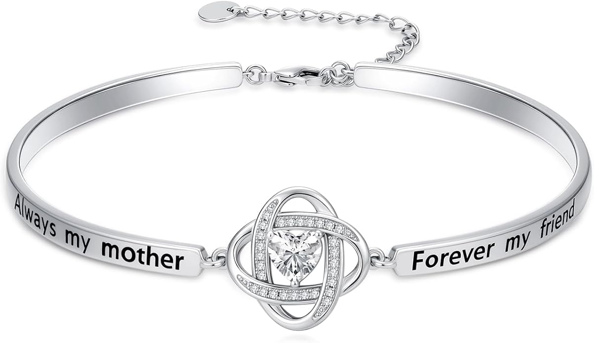 Valentines Day Gifts for Her, 18k White Gold Plated Love Knot Bracelets, Engraved Inspirational and Sentiment Bangle, Anniversary Birthday Jewelry Gift for Lover Wife Girlfriend Sister Friends